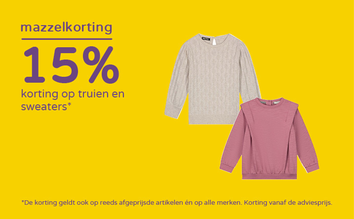 15% korting op alle truien en sweaters*